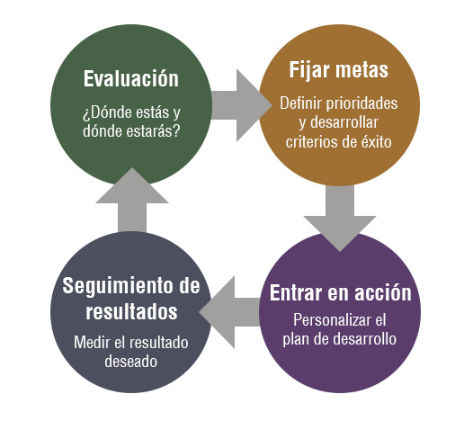 Evaluación<br />
dónde estás y dónde estarás</p>
<p>Fijar metas<br />
definir prioridades y desarrollar criterios de éxito</p>
<p>take action<br />
personalizar el plan de desarrollo</p>
<p>seguimiento de resultados<br />
medir el resultado deseado