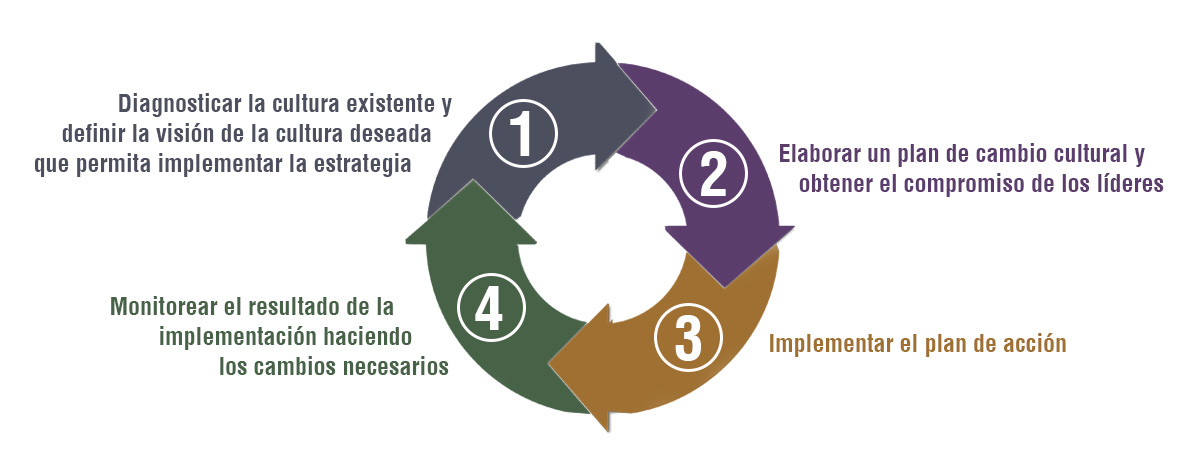 grafico_proceso_de_transformacion_cultural 1- Diagnosticar la cultura existente y definir la visión de la cultura deseada que permita implementar la estrategia 2- Elaborar un plan de cambio cultural y obtener el compromiso de los lideres 3- Implementar el plan de acción 4- Monitorear el resultado de la implementación haciendo los cambios necesarios